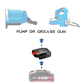 Ozito 18V PXC to MacNaught 18V battery adapter - compatibility diagram showing battery, adapter and pump or grease gun