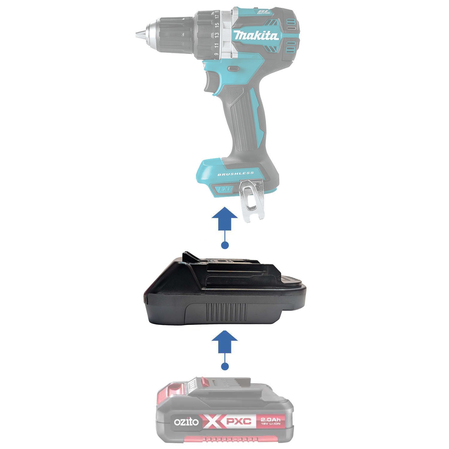 Ozito 18V PXC to Makita 18V LXT battery adapter - compatibility diagram showing battery, adapter and drill driver