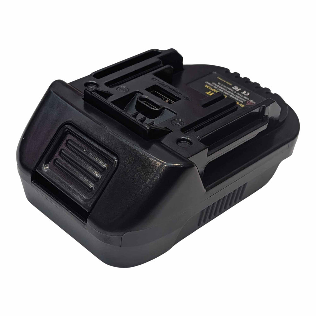 Ozito 18V PXC to Makita 18V LXT battery adapter - Makita tool-side connection, angled top view with the side vents