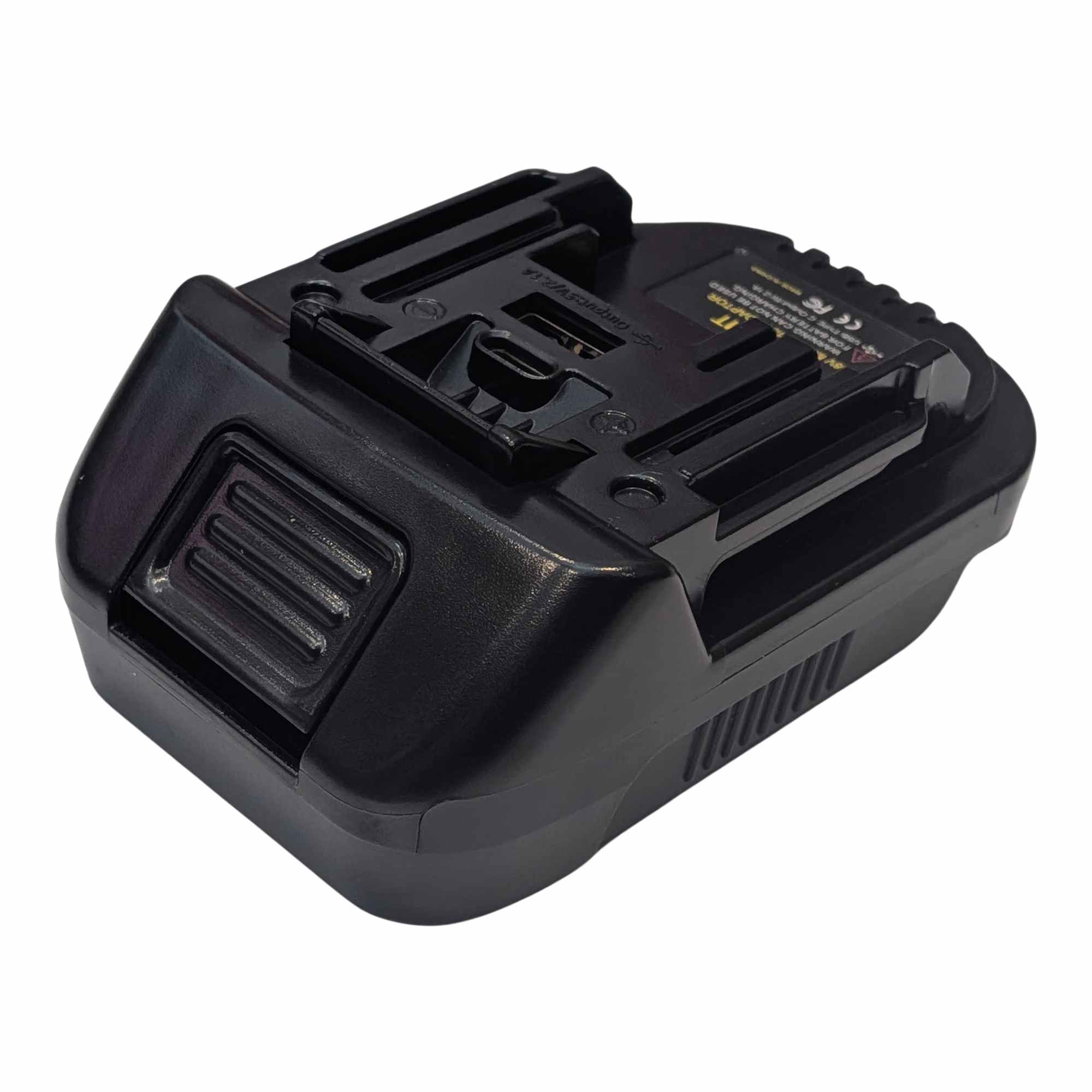 Ozito 18V PXC to Makita 18V LXT battery adapter - Makita tool-side connection, angled top view with the side vents