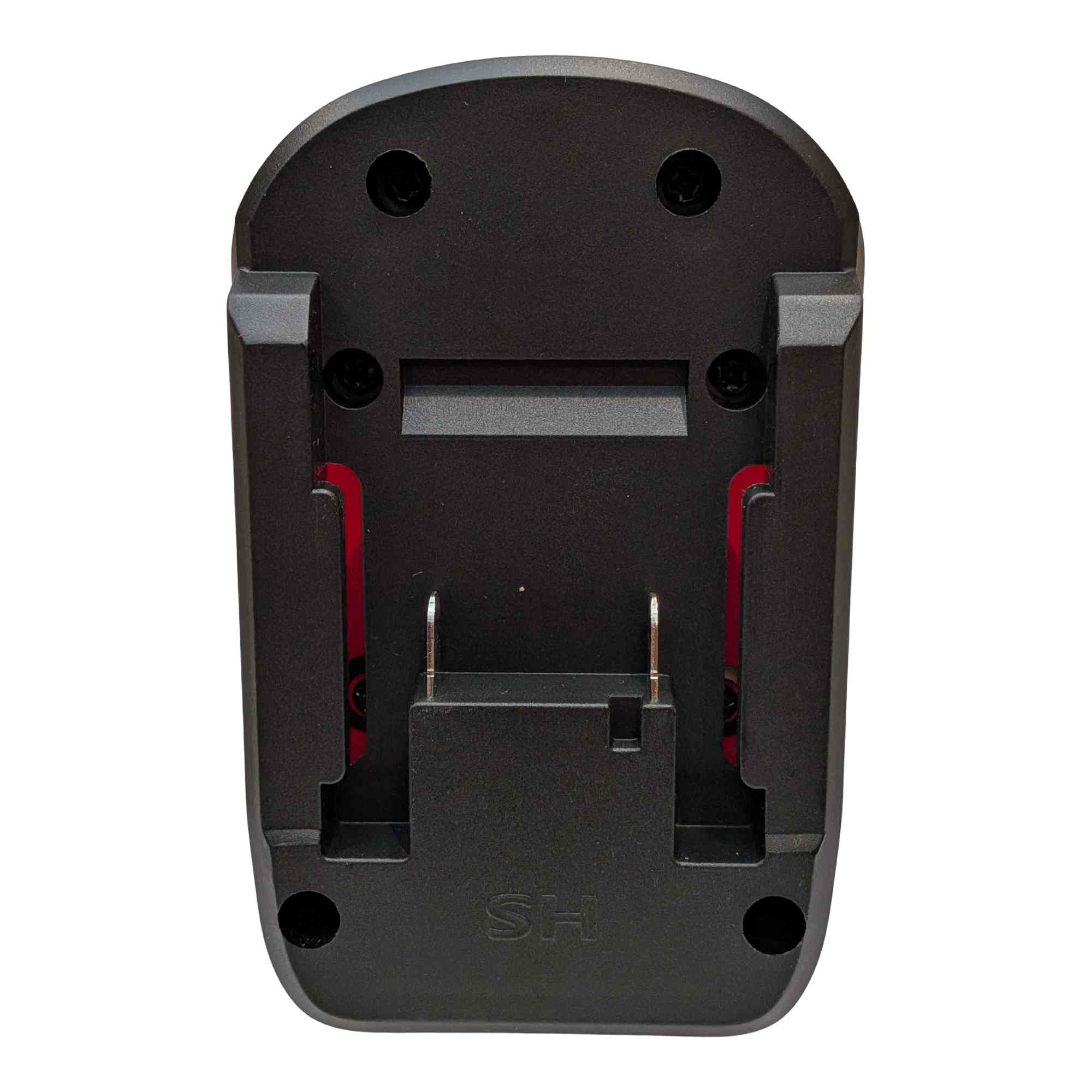 Ozito 18V PXC to Milwaukee M12 battery adapter - battery-side connection, twin copper blade terminals and the red catches
