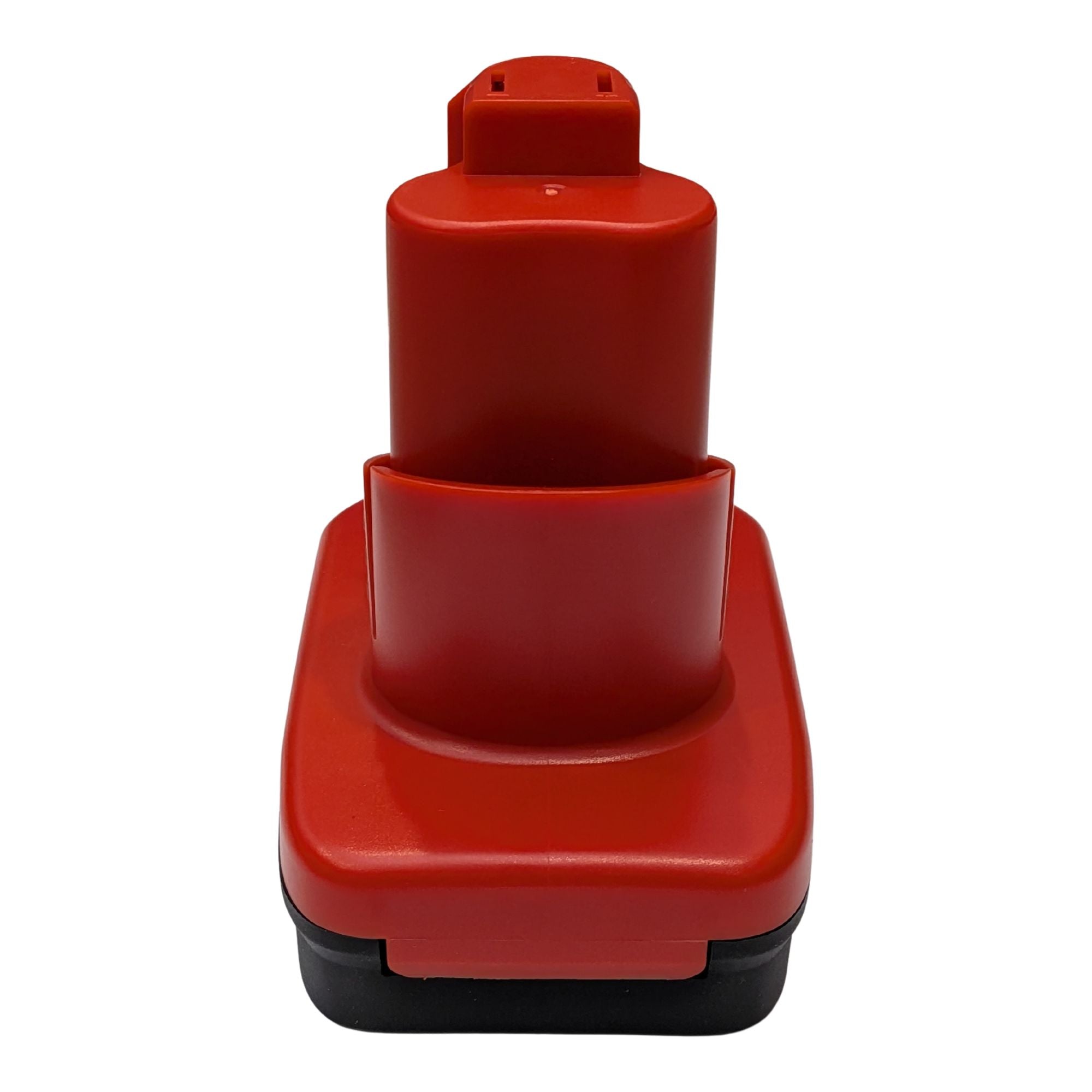 Ozito 18V PXC to Milwaukee M12 battery adapter - rear view, red tool-side stem over the black battery-side base