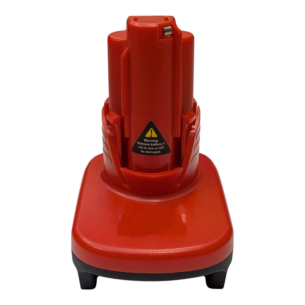 Porter Cable 20V to Milwaukee M12 battery adapter - front view, Milwaukee tool-side rail slot on the red tower