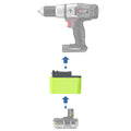 Ryobi 18V ONE+ to Porter Cable 18V Ni-Cd battery adapter - compatibility diagram showing battery, adapter and hammer drill