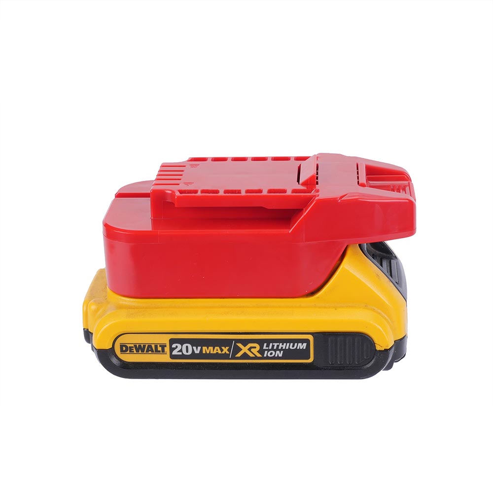 DeWalt 20V MAX to Bauer 20V battery adapter - fitted to the DeWalt 20V MAX battery, side view