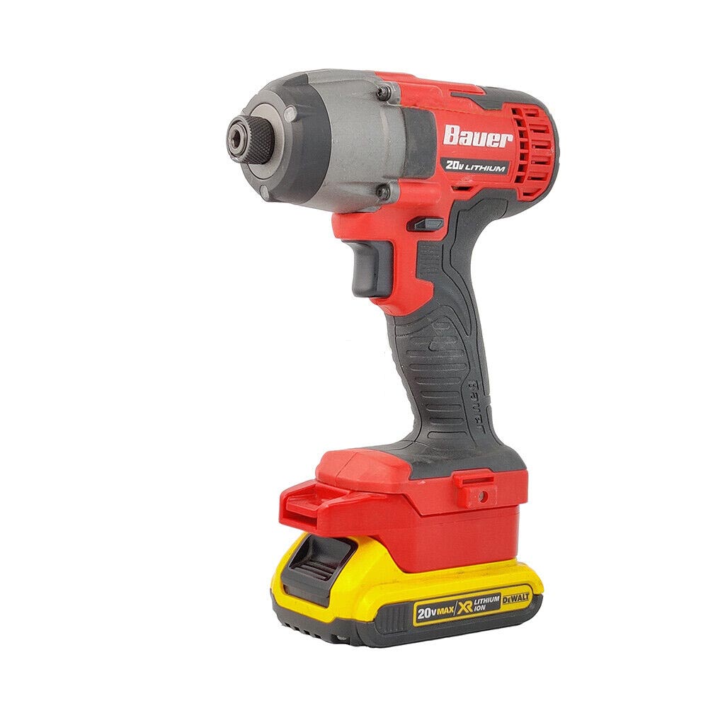 DeWalt 20V MAX to Bauer 20V battery adapter - installed on an impact driver with the battery fitted below