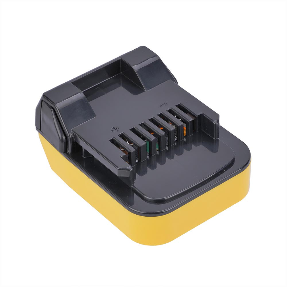 DeWalt 20V MAX to Metabo HPT 18V battery adapter - tool-side connection, slots with copper contacts, + and - polarity marks